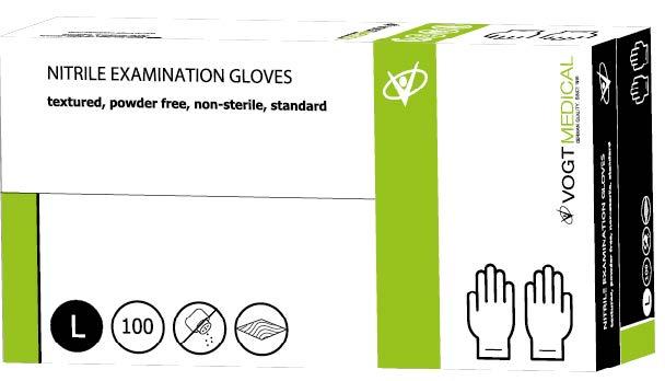 Рукавички медичні оглядові нітрилові неприпудрені, текстуровані одноразові нестерильні (розмір L) Vogt Medical